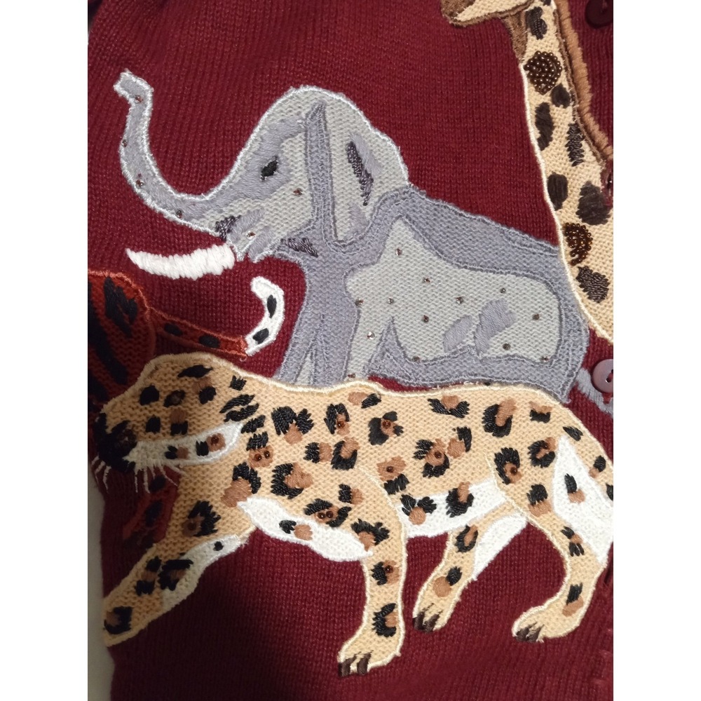 Ronni Salloway Vintage Safari Animal Beaded Cardigan Red Elephant Giraffe Small - Picture 2 of 12